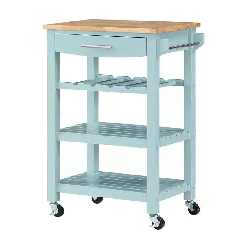 Breighton Home Ellaine 4 Tier Butcher Block Kitchen Cart with Drawer and Wine Rack in Sea Foam Blue/Butcher Block