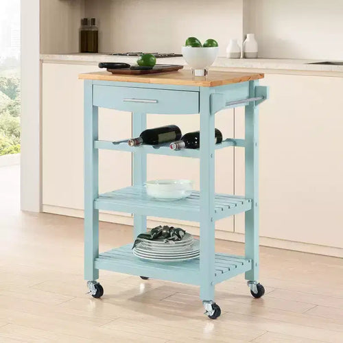 Breighton Home Ellaine 4 Tier Butcher Block Kitchen Cart with Drawer and Wine Rack in Sea Foam Blue/Butcher Block