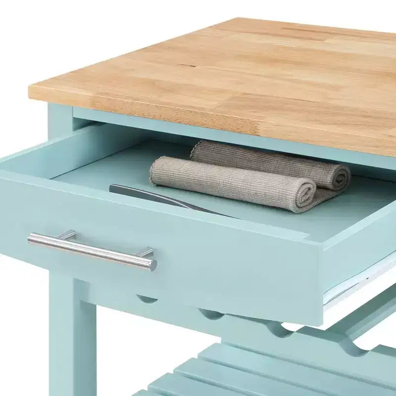 Breighton Home Ellaine 4 Tier Butcher Block Kitchen Cart with Drawer and Wine Rack in Sea Foam Blue/Butcher Block