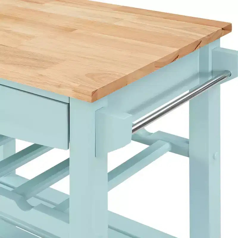 Breighton Home Ellaine 4 Tier Butcher Block Kitchen Cart with Drawer and Wine Rack in Sea Foam Blue/Butcher Block
