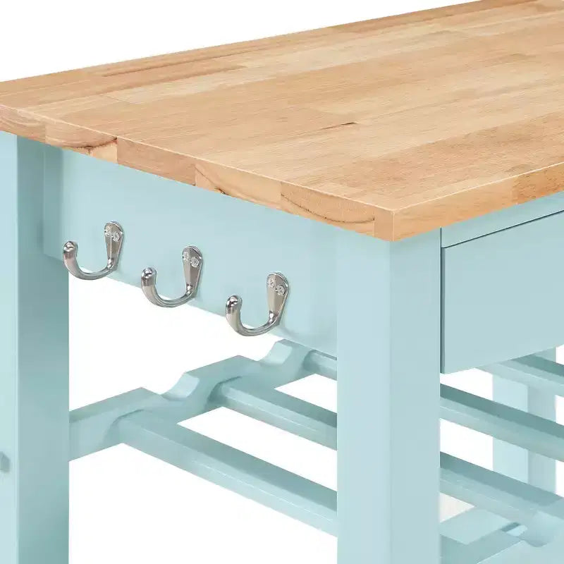 Breighton Home Ellaine 4 Tier Butcher Block Kitchen Cart with Drawer and Wine Rack in Sea Foam Blue/Butcher Block
