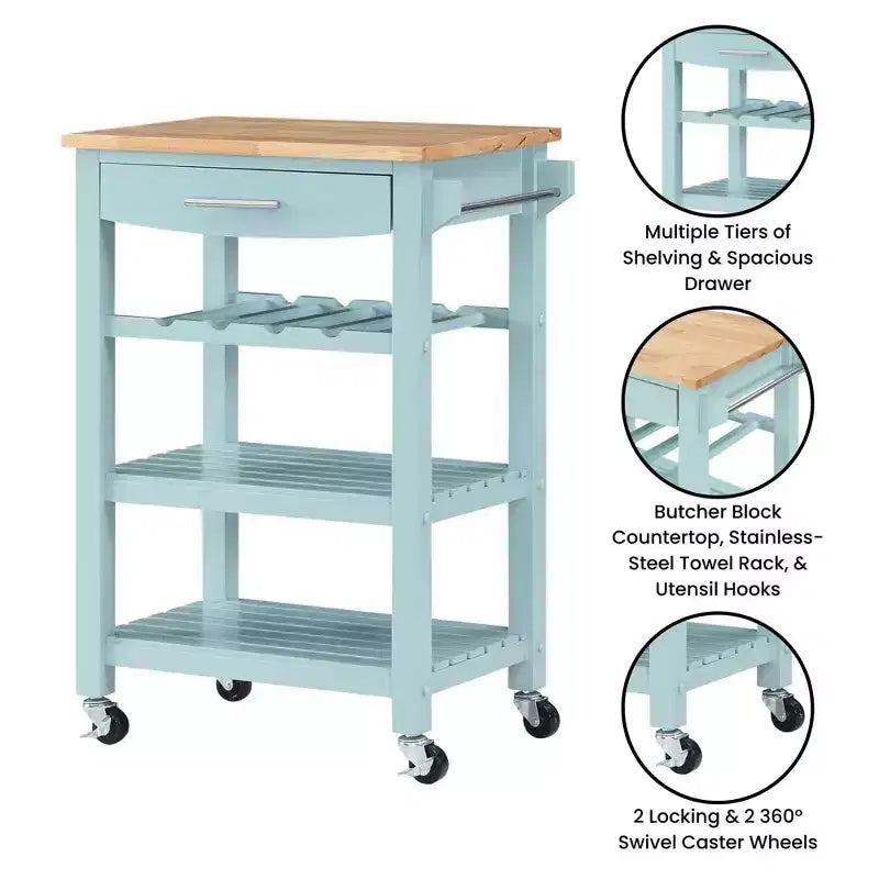 Breighton Home Ellaine 4 Tier Butcher Block Kitchen Cart with Drawer and Wine Rack in Sea Foam Blue/Butcher Block