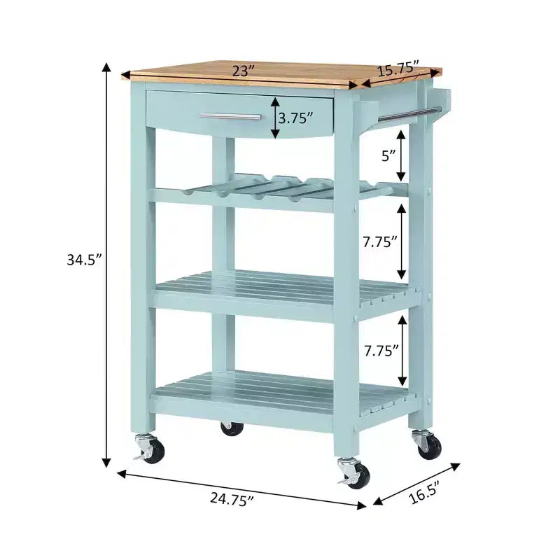 Breighton Home Ellaine 4 Tier Butcher Block Kitchen Cart with Drawer and Wine Rack in Sea Foam Blue/Butcher Block