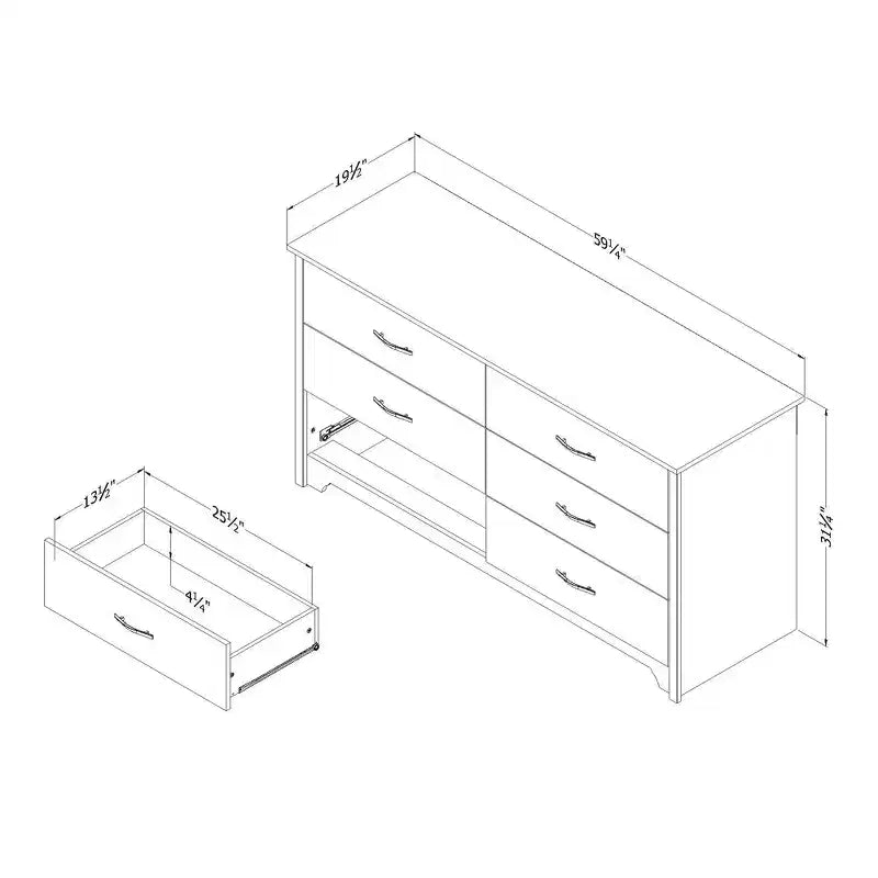 South Shore Fusion 6 Drawer Double Dresser Pure White: Anti-Tip Anchoring, Laminated Finish, Particle Board Frame