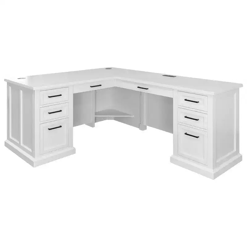 L-Shaped Pedestal Desk with Storage White - Abby Collection - Martin Furniture: Modern Shaker Doors, Bead Board Panels, Built-in Power