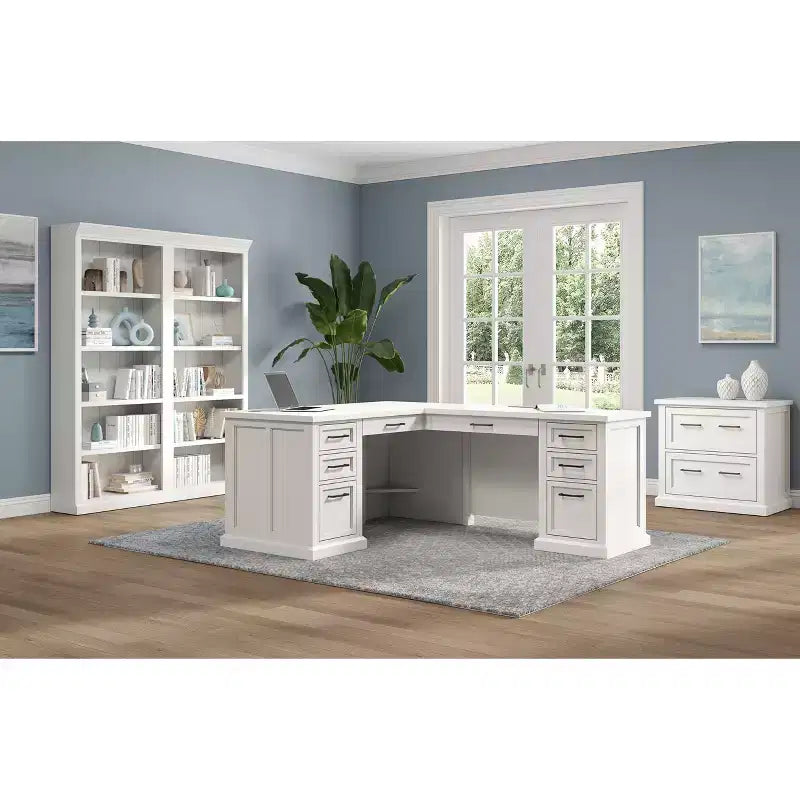 L-Shaped Pedestal Desk with Storage White - Abby Collection - Martin Furniture: Modern Shaker Doors, Bead Board Panels, Built-in Power