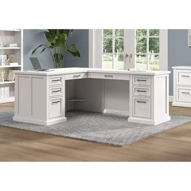 L-Shaped Pedestal Desk with Storage White - Abby Collection - Martin Furniture: Modern Shaker Doors, Bead Board Panels, Built-in Power