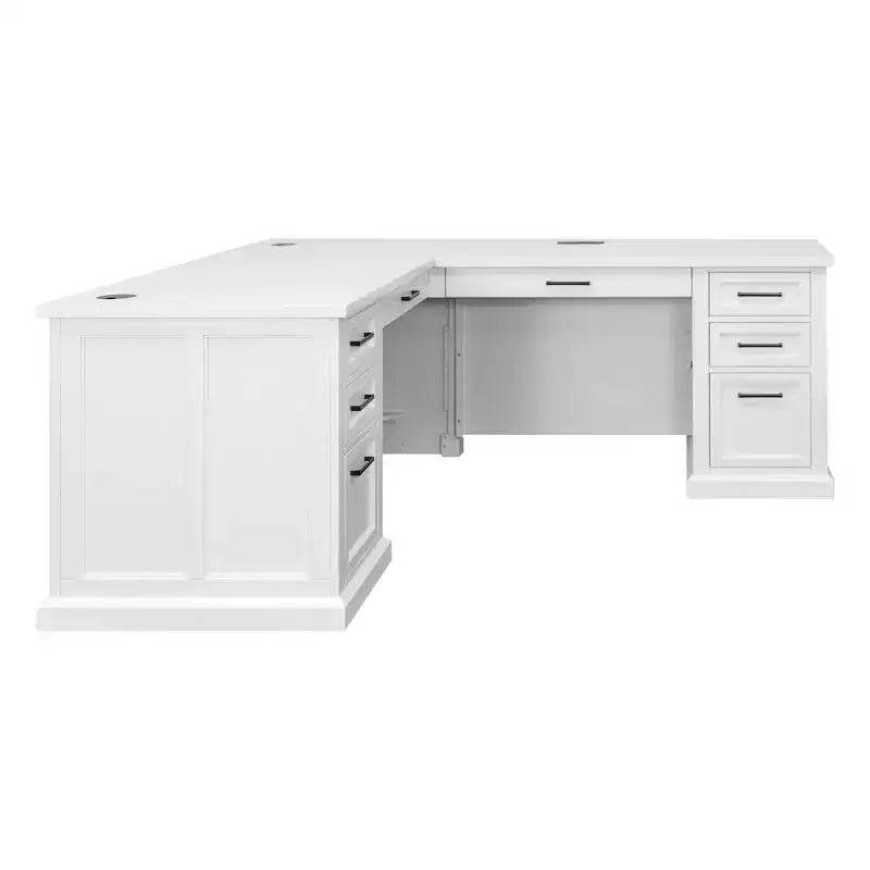 L-Shaped Pedestal Desk with Storage White - Abby Collection - Martin Furniture: Modern Shaker Doors, Bead Board Panels, Built-in Power