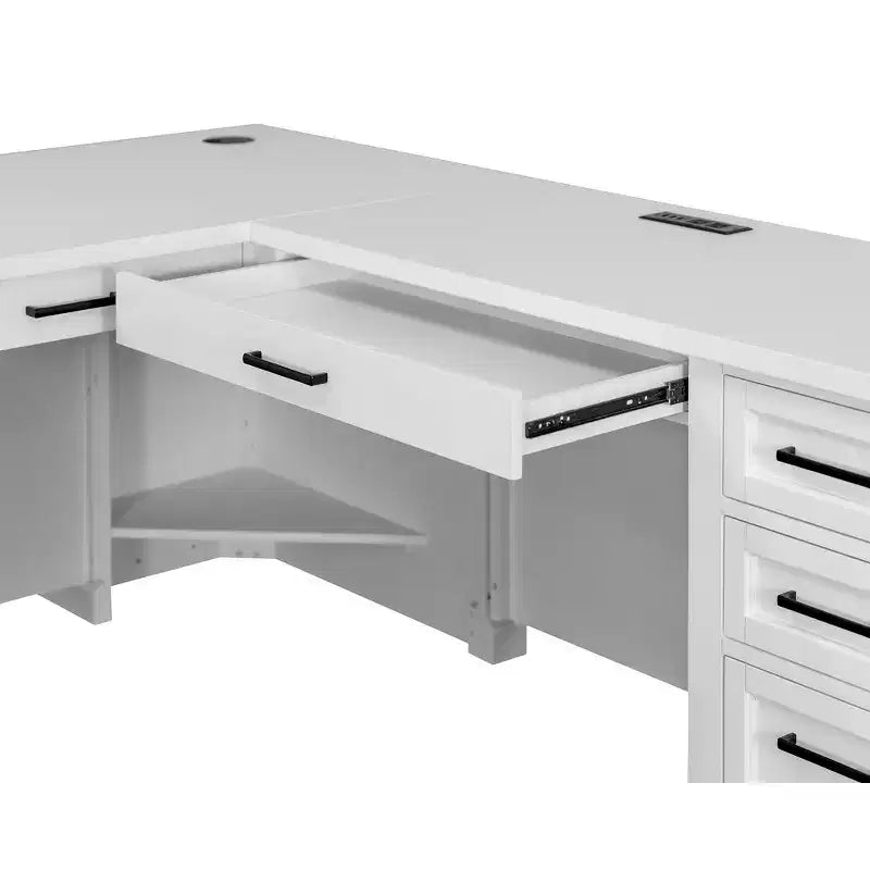 L-Shaped Pedestal Desk with Storage White - Abby Collection - Martin Furniture: Modern Shaker Doors, Bead Board Panels, Built-in Power