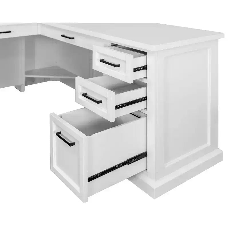 L-Shaped Pedestal Desk with Storage White - Abby Collection - Martin Furniture: Modern Shaker Doors, Bead Board Panels, Built-in Power
