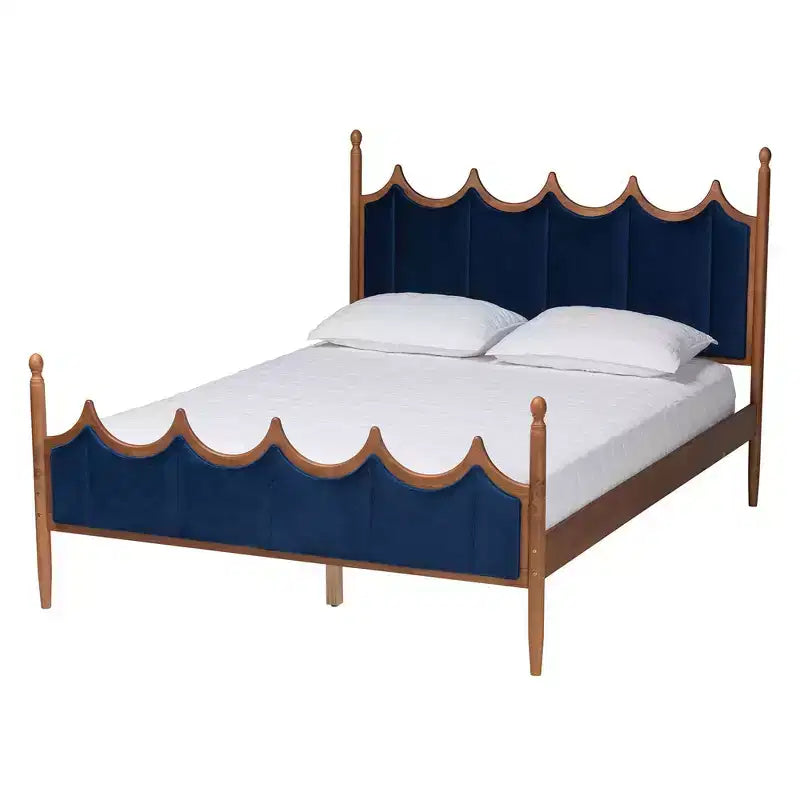 Baxton Studio Queen Calgary Velvet Fabric and Wood Platform Bed Royal Blue/Walnut Brown