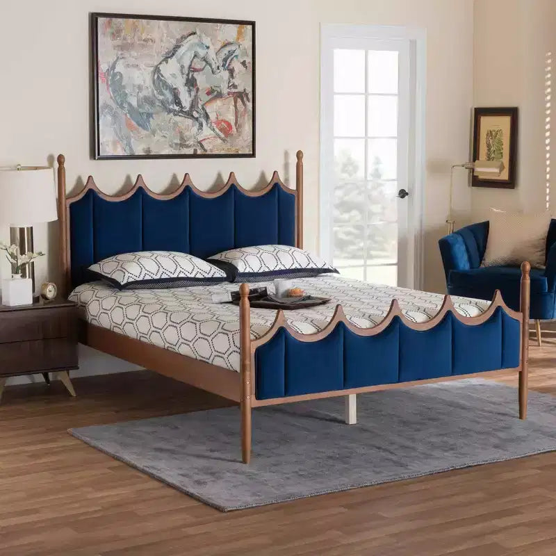 Baxton Studio Queen Calgary Velvet Fabric and Wood Platform Bed Royal Blue/Walnut Brown