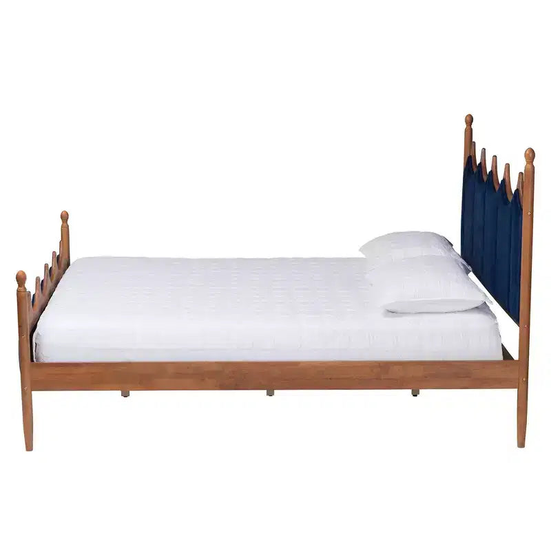 Baxton Studio Queen Calgary Velvet Fabric and Wood Platform Bed Royal Blue/Walnut Brown