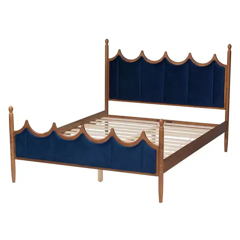 Baxton Studio Queen Calgary Velvet Fabric and Wood Platform Bed Royal Blue/Walnut Brown