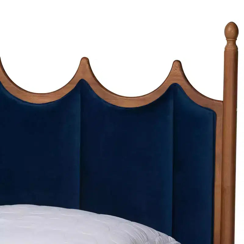Baxton Studio Queen Calgary Velvet Fabric and Wood Platform Bed Royal Blue/Walnut Brown