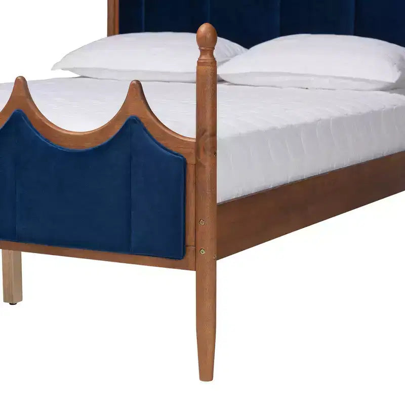 Baxton Studio Queen Calgary Velvet Fabric and Wood Platform Bed Royal Blue/Walnut Brown