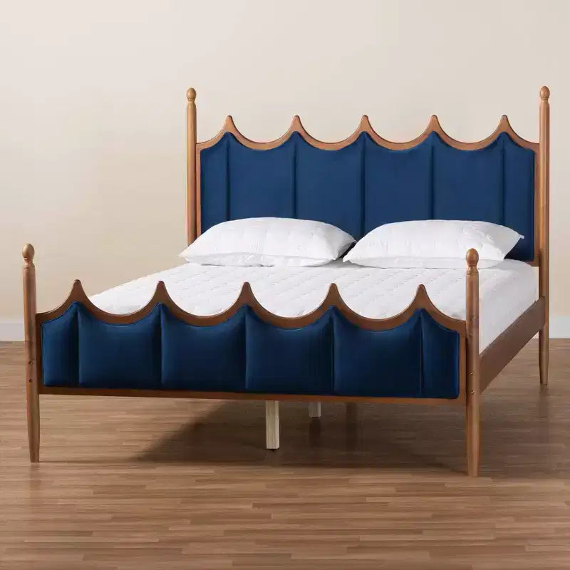 Baxton Studio Queen Calgary Velvet Fabric and Wood Platform Bed Royal Blue/Walnut Brown