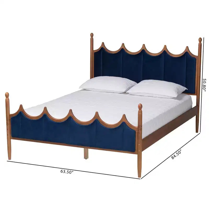 Baxton Studio Queen Calgary Velvet Fabric and Wood Platform Bed Royal Blue/Walnut Brown