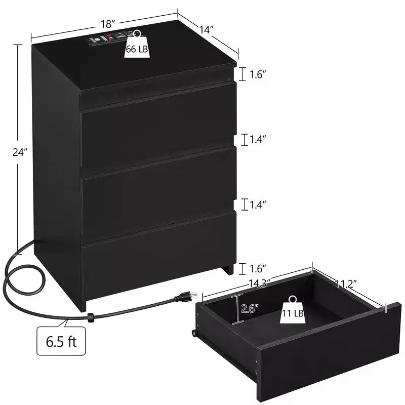 Yaheetech Simple 3-Drawer Vertical with 3 Drawers and Charging Station, Black