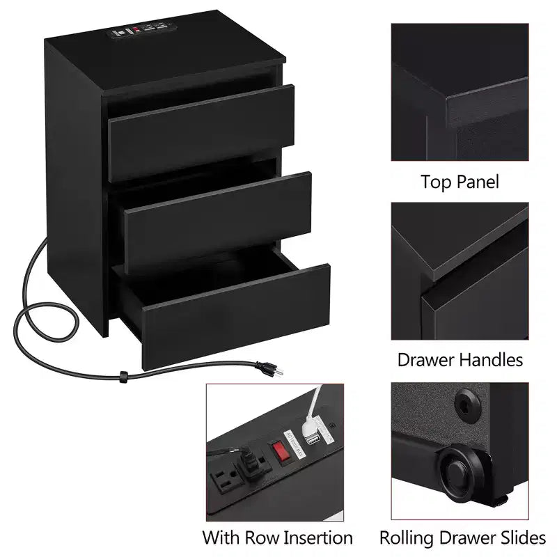 Yaheetech Simple 3-Drawer Vertical with 3 Drawers and Charging Station, Black