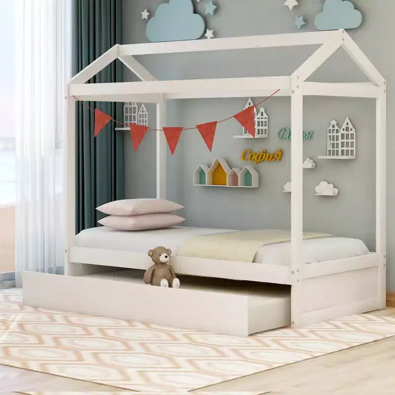 House Shape Platform Bed with Trundle, White - ModernLuxe