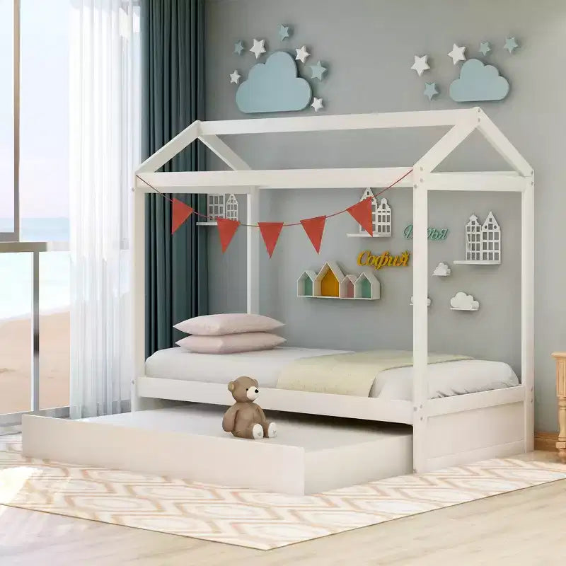 House Shape Platform Bed with Trundle, White - ModernLuxe