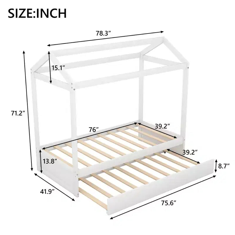 House Shape Platform Bed with Trundle, White - ModernLuxe