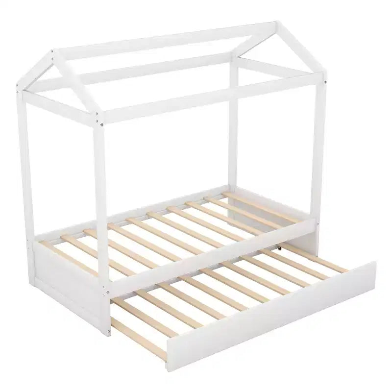 House Shape Platform Bed with Trundle, White - ModernLuxe