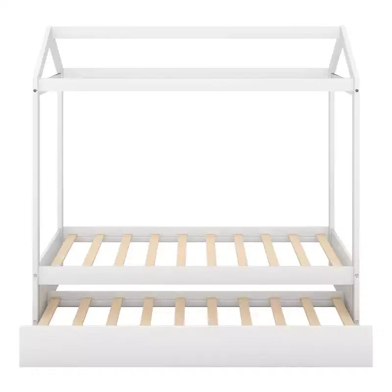 House Shape Platform Bed with Trundle, White - ModernLuxe