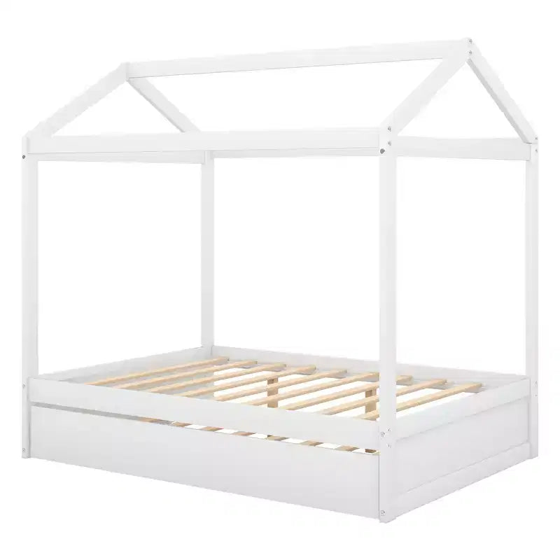 House Shape Platform Bed with Trundle, White - ModernLuxe