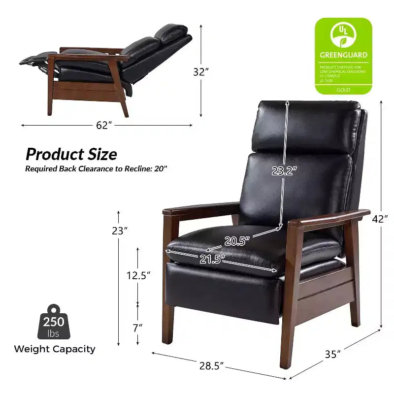 Justus Mid-Century Modern Vegan Leather Solid Wood Recliner|ART OF LIVING DESIGNS