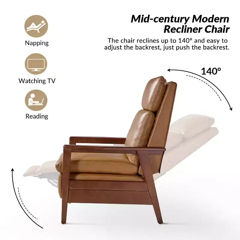 Justus Mid-Century Modern Vegan Leather Solid Wood Recliner|ART OF LIVING DESIGNS