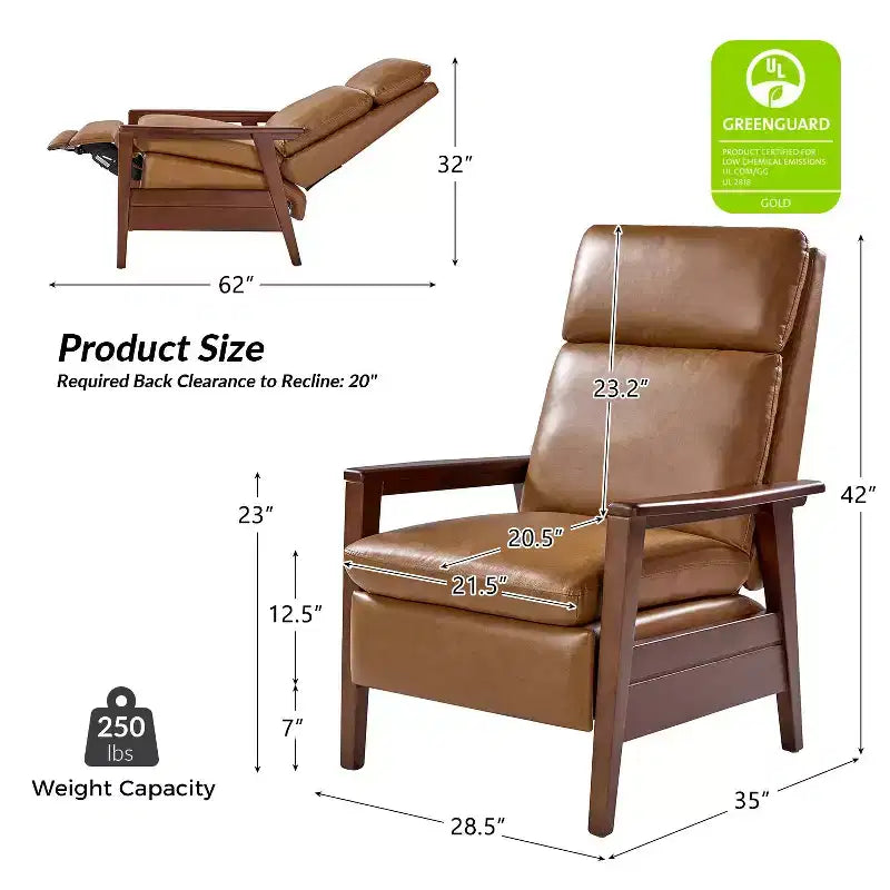 Justus Mid-Century Modern Vegan Leather Solid Wood Recliner|ART OF LIVING DESIGNS