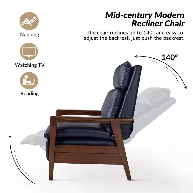 Justus Mid-Century Modern Vegan Leather Solid Wood Recliner|ART OF LIVING DESIGNS