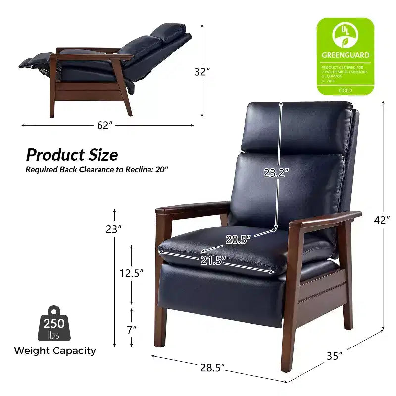 Justus Mid-Century Modern Vegan Leather Solid Wood Recliner|ART OF LIVING DESIGNS