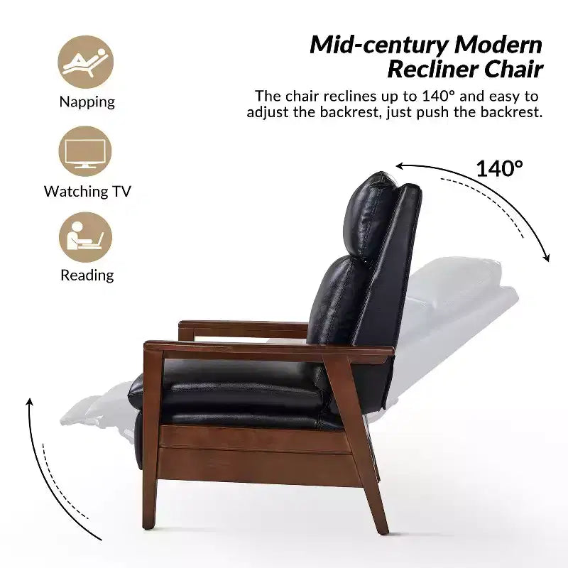 Justus Mid-Century Modern Vegan Leather Solid Wood Recliner|ART OF LIVING DESIGNS
