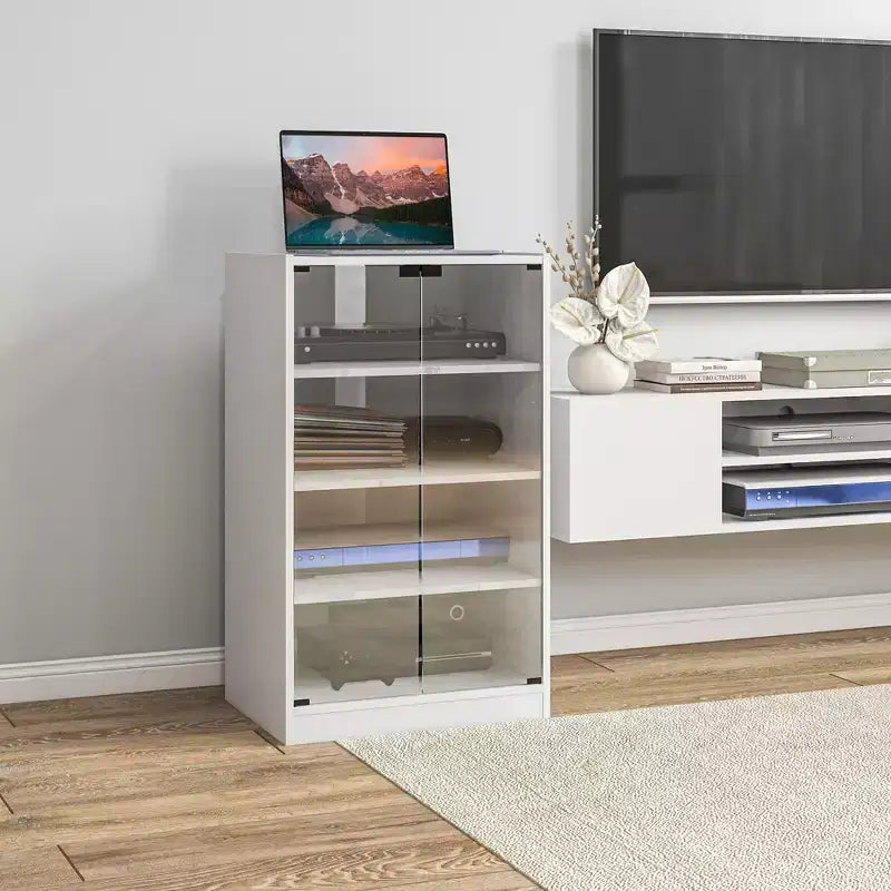HOMCOM 5-Tier Media Stand Cabinet with 3-Level Adjustable Shelves, Tempered Glass Doors, and Cable Management