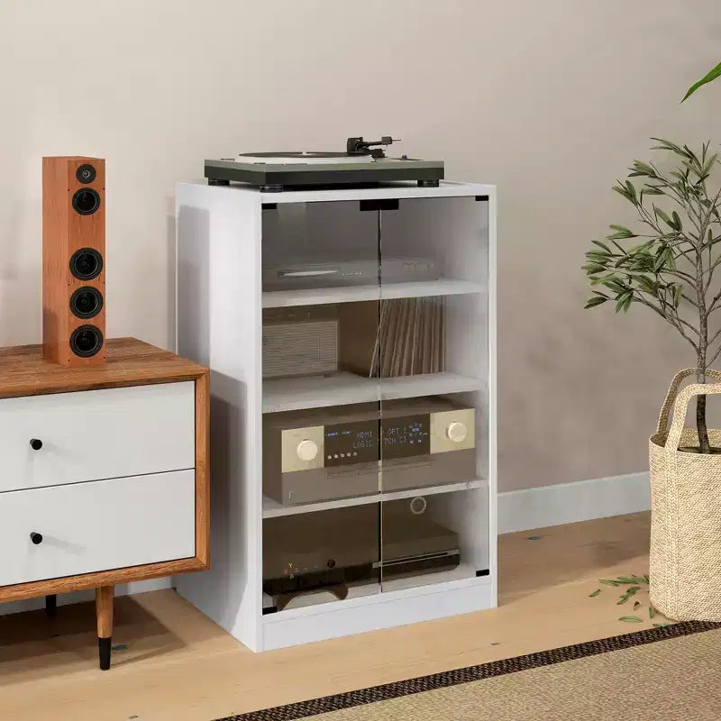 HOMCOM 5-Tier Media Stand Cabinet with 3-Level Adjustable Shelves, Tempered Glass Doors, and Cable Management