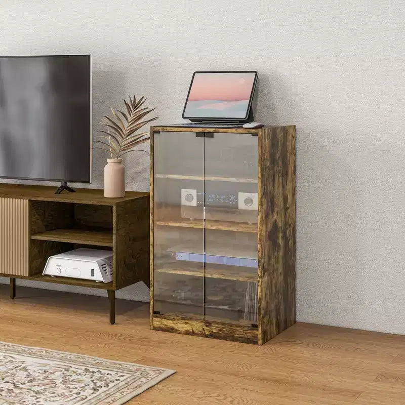HOMCOM 5-Tier Media Stand Cabinet with 3-Level Adjustable Shelves, Tempered Glass Doors, and Cable Management