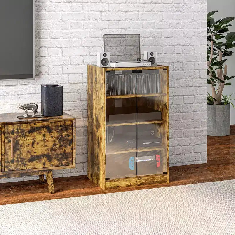HOMCOM 5-Tier Media Stand Cabinet with 3-Level Adjustable Shelves, Tempered Glass Doors, and Cable Management