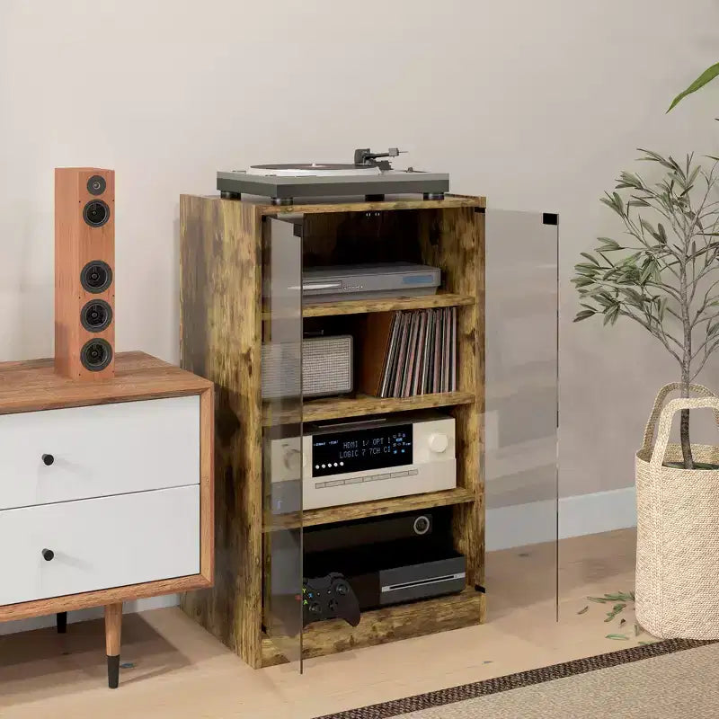 HOMCOM 5-Tier Media Stand Cabinet with 3-Level Adjustable Shelves, Tempered Glass Doors, and Cable Management