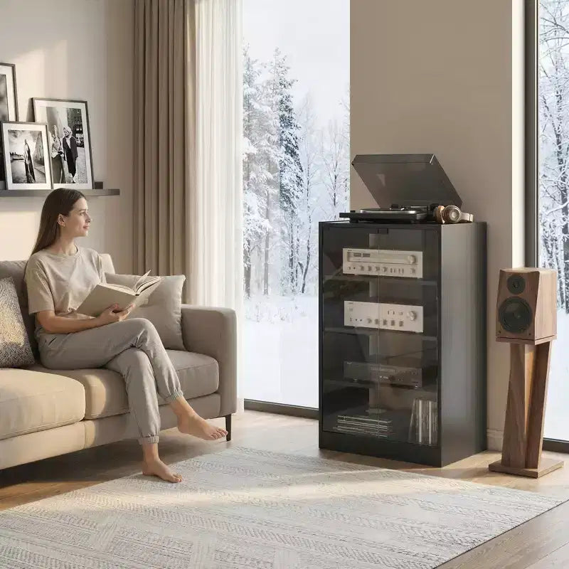 HOMCOM 5-Tier Media Stand Cabinet with 3-Level Adjustable Shelves, Tempered Glass Doors, and Cable Management
