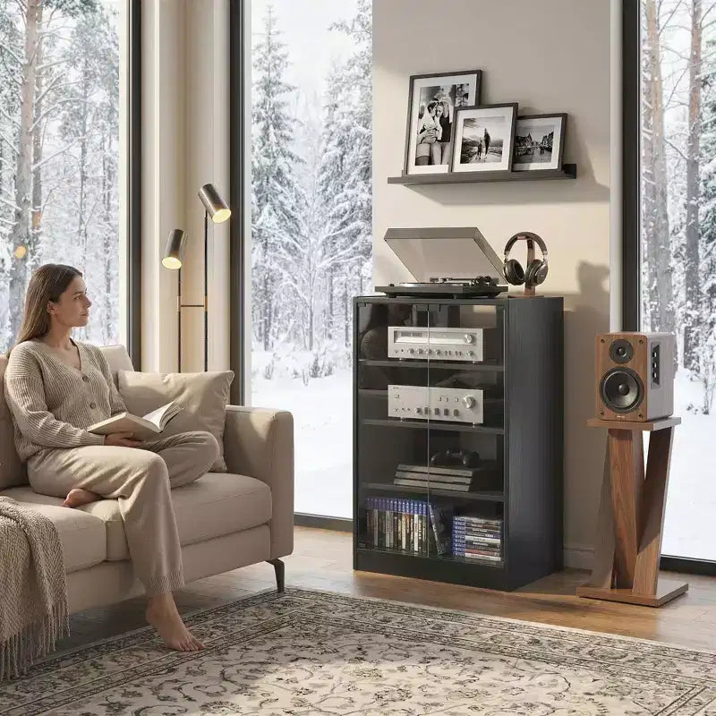 HOMCOM 5-Tier Media Stand Cabinet with 3-Level Adjustable Shelves, Tempered Glass Doors, and Cable Management