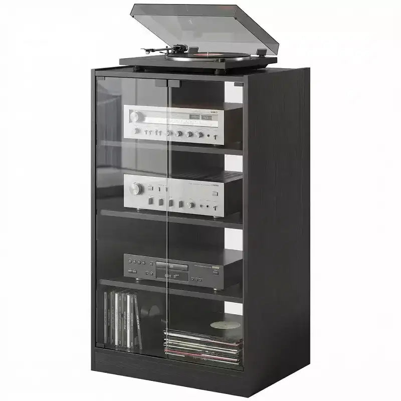 HOMCOM 5-Tier Media Stand Cabinet with 3-Level Adjustable Shelves, Tempered Glass Doors, and Cable Management