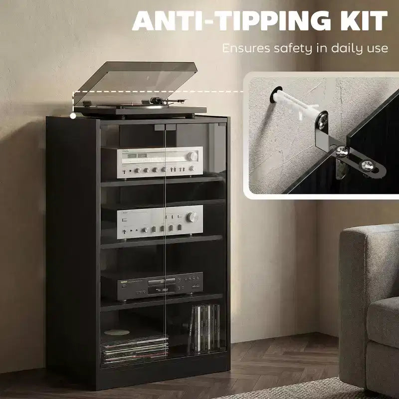 HOMCOM 5-Tier Media Stand Cabinet with 3-Level Adjustable Shelves, Tempered Glass Doors, and Cable Management