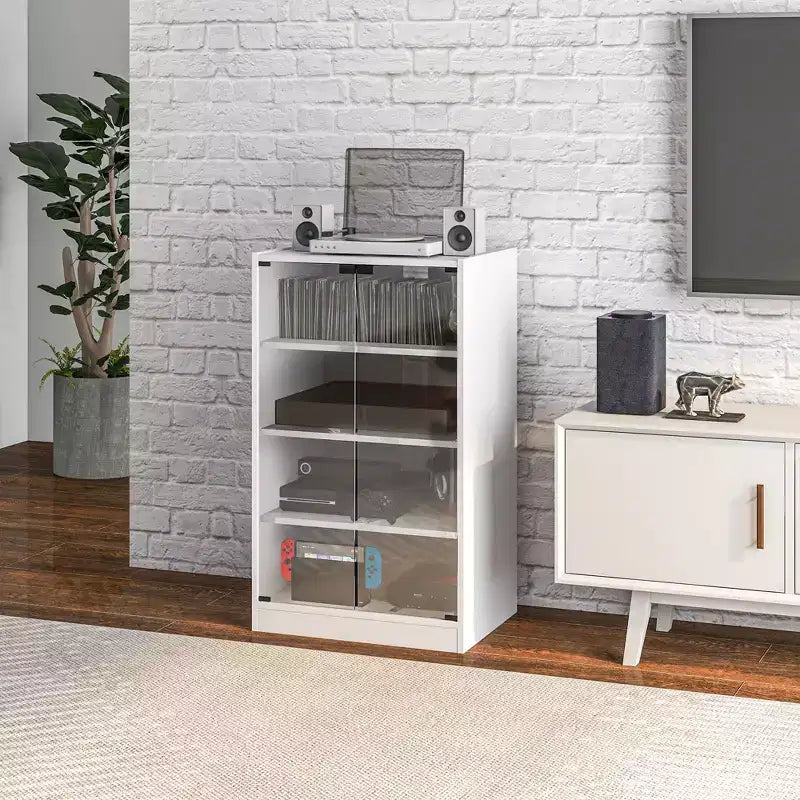 HOMCOM 5-Tier Media Stand Cabinet with 3-Level Adjustable Shelves, Tempered Glass Doors, and Cable Management