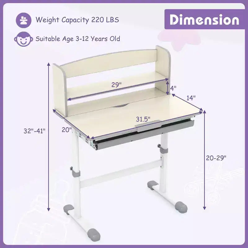 Costway Kids Study Desk with 7-Level Tiltable Desktop Adjustable Height Pull Out Drawer Blue/Grey/Pink