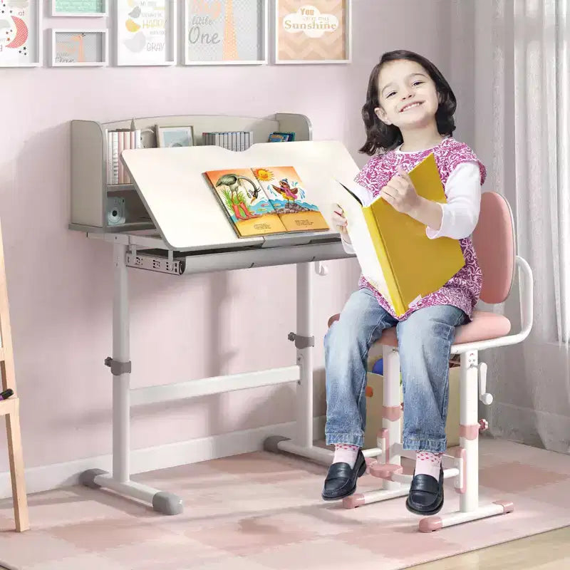 Costway Kids Study Desk with 7-Level Tiltable Desktop Adjustable Height Pull Out Drawer Blue/Grey/Pink