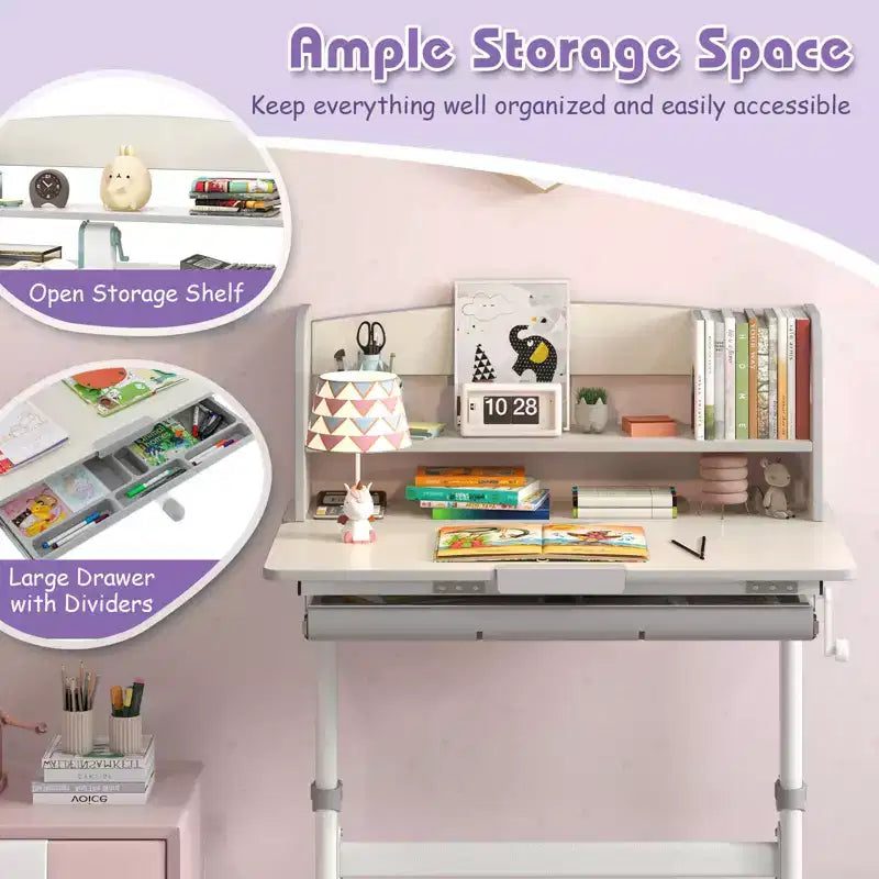 Costway Kids Study Desk with 7-Level Tiltable Desktop Adjustable Height Pull Out Drawer Blue/Grey/Pink