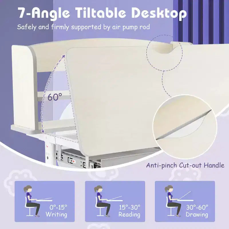 Costway Kids Study Desk with 7-Level Tiltable Desktop Adjustable Height Pull Out Drawer Blue/Grey/Pink